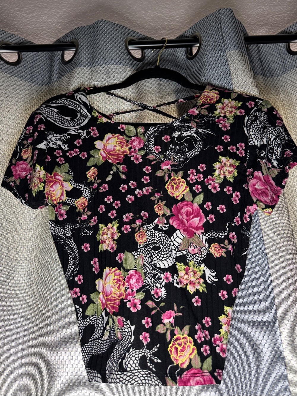 Black Floral Dragon Top with Open Back